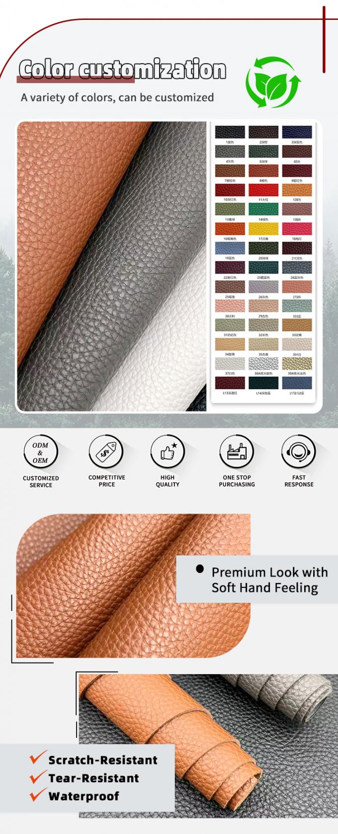 1.8 মিমি পুরু পিভিসি লিচি প্যাটার্ন ব্যাগের জন্য সিন্থেটিক ফ্যাক্স চামড়া টেবিল ম্যাট বেল্ট সোফা সজ্জা বহুমুখী আসবাবপত্র বহিরঙ্গন কারুশিল্প 4